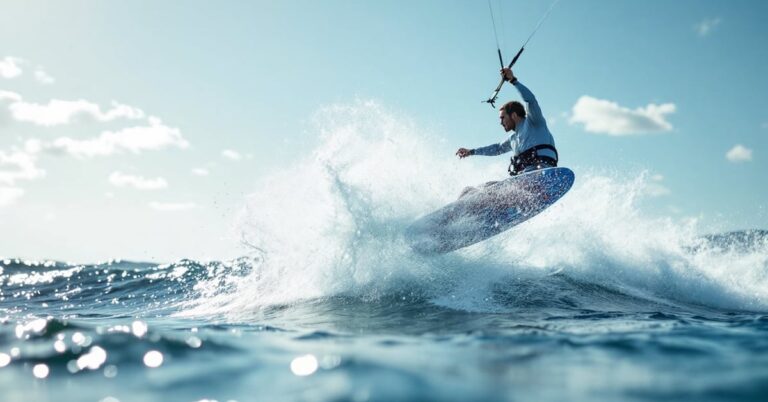 Kitesurfer en action sur l'eau avec son kite coloré et sa planche kiteboard par temps ensoleillé