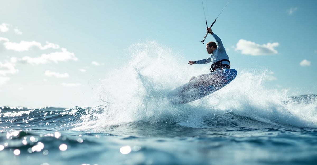 Kitesurfer en action sur l'eau avec son kite coloré et sa planche kiteboard par temps ensoleillé