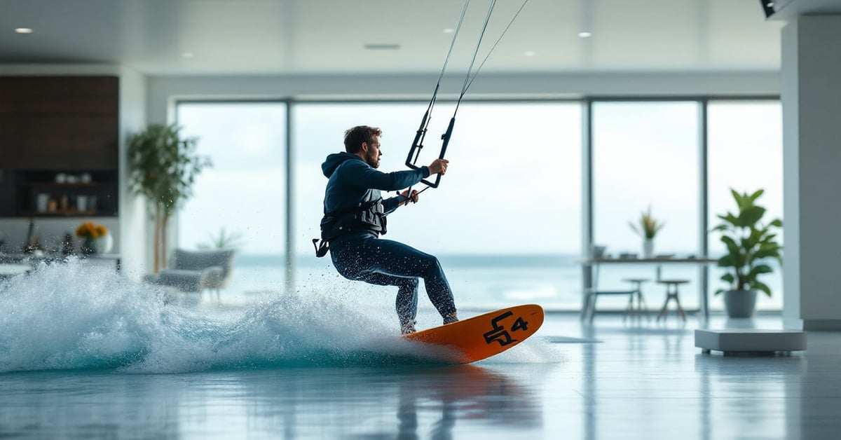 Kitesurfeur en action sur l'océan avec une aile colorée dans le ciel, sport de glisse kitesurf