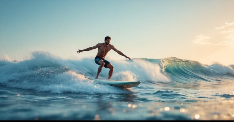 Surfeur sur une vague en plein océan, photographie naturaliste au format panoramique 16:9