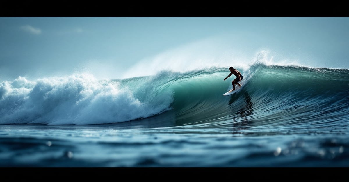 Surfeur analysant les surf reports sur une plage avec des vagues en arrière-plan