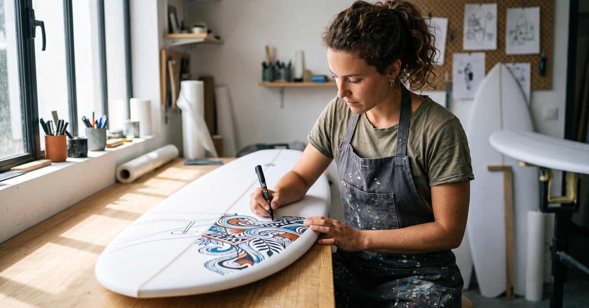 Dessin de planche de surf sur papier avec courbes et formes tracées à la main