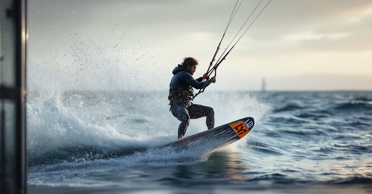 Kitesurfeur en action sur l'océan, aile colorée dans le ciel, planche effleurant les vagues