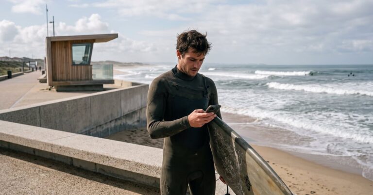 Surfeur consultant les prévisions météo surf face à l'océan avant sa session