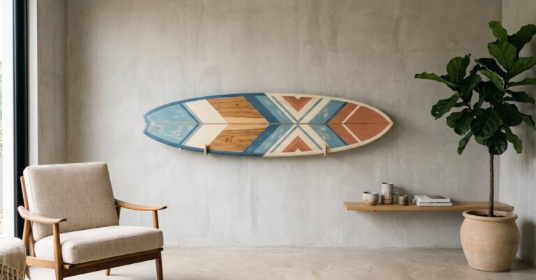 Planche de surf en déco suspendue dans un intérieur moderne et lumineux – planche de surf deco
