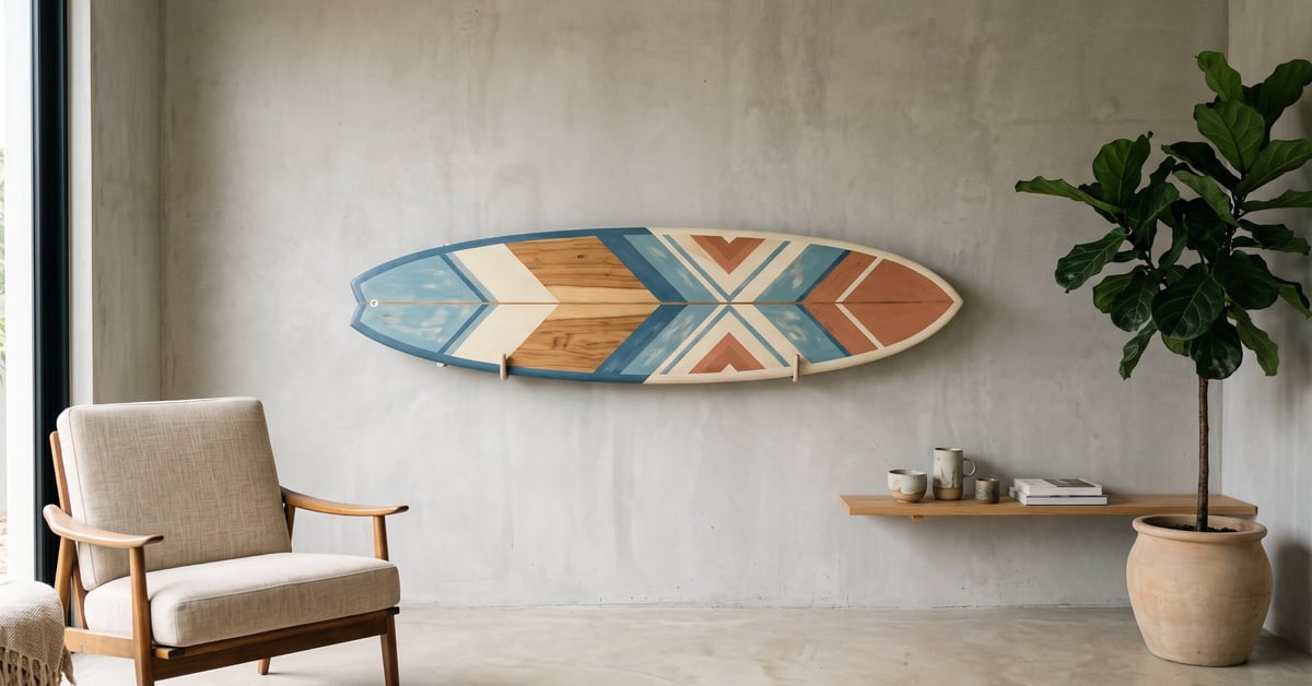 Planche de surf en déco suspendue dans un intérieur moderne et lumineux – planche de surf deco