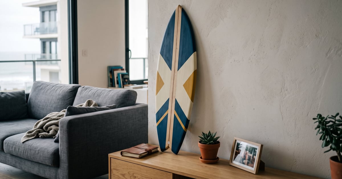 Planche de surf en décoration murale dans un intérieur moderne et lumineux