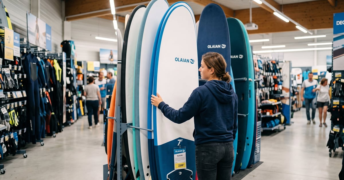 Planche de surf Décathlon posée sur une plage, matériel de surf accessible pour débutants et intermédiaires