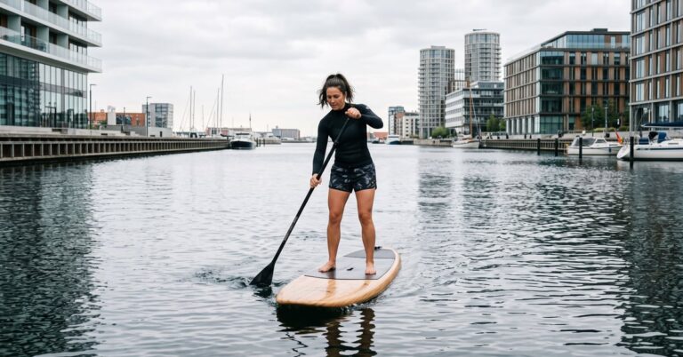Stand up paddle boarding : pratiquant debout sur une planche de SUP pagayant sur une eau calme