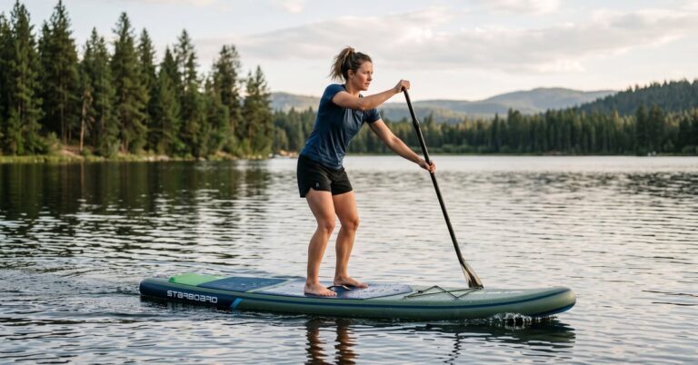 Pratiquant de stand up paddle debout sur sa planche SUP en pleine eau calme