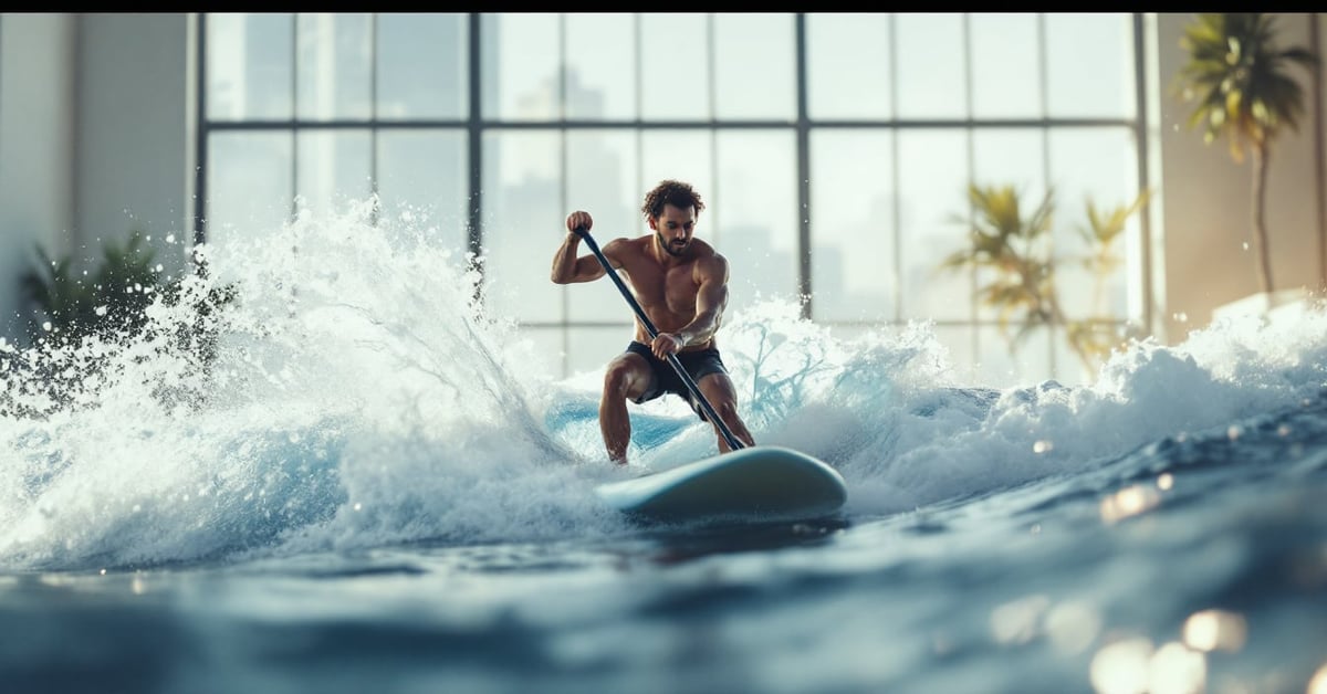 Stand up paddle windsup : planchiste pagayant et naviguant à la voile sur une seule planche