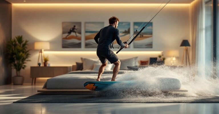 Kitesurfeur UCPA en pleine action sur l'eau, voile colorée déployée sous un ciel lumineux