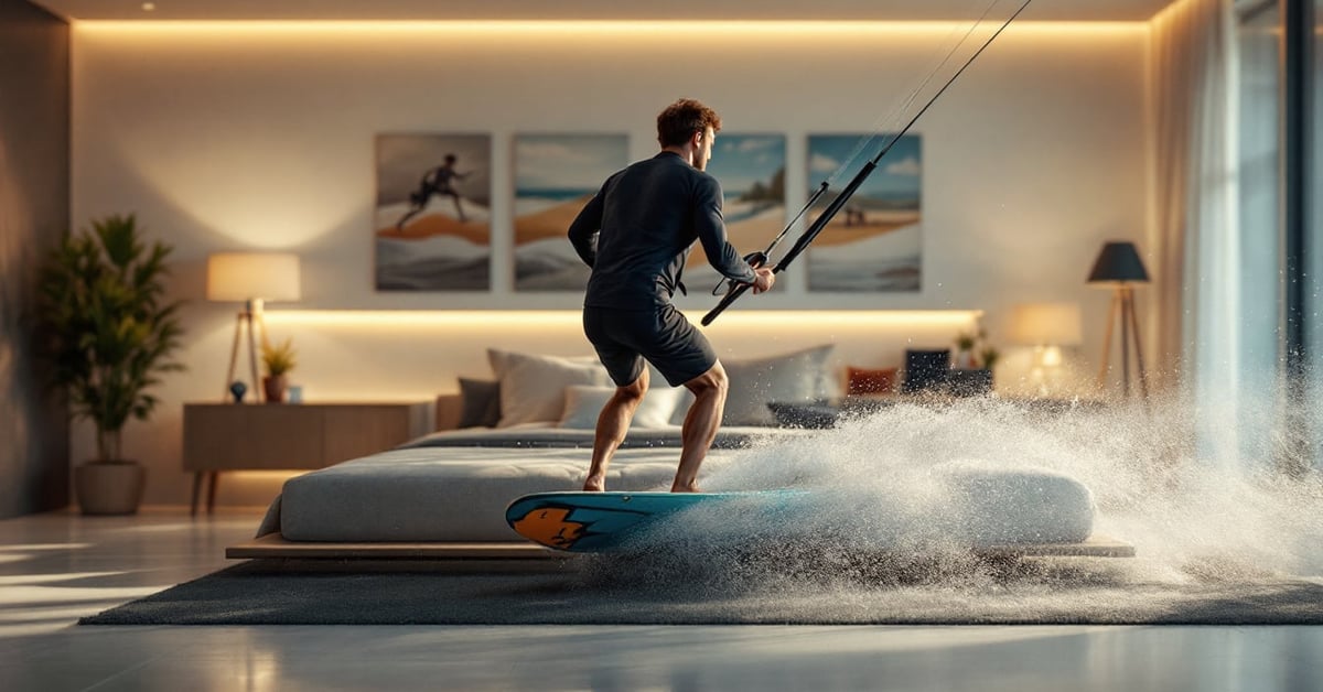Kitesurfeur UCPA en pleine action sur l'eau, voile colorée déployée sous un ciel lumineux
