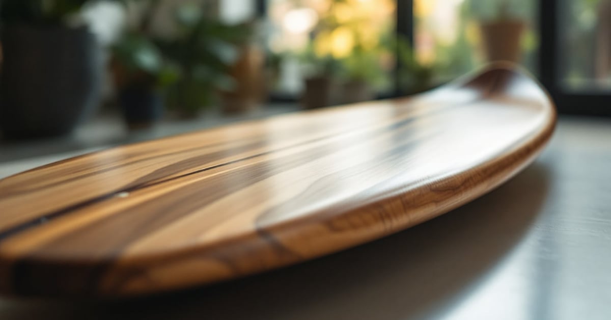 Planche de surf en bois artisanale posée sur le sable, détails de texture naturelle du bois