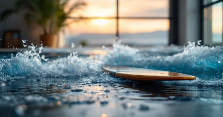 Planche de surf décorative accrochée au mur dans un intérieur moderne et lumineux