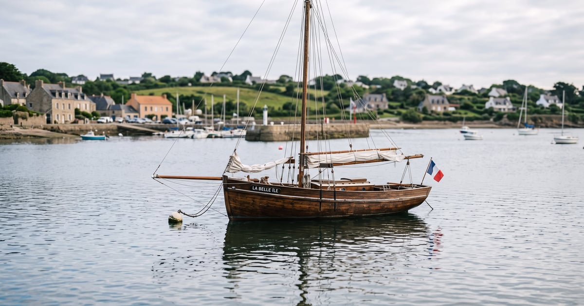 Bateau au mouillage sur une mer calme, ancre jetée dans une baie ensoleillée