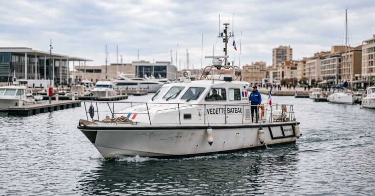 Vedette bateau naviguant sur l'eau en pleine mer, vue panoramique d'un navire rapide