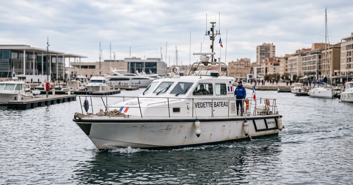 Vedette bateau naviguant sur l'eau en pleine mer, vue panoramique d'un navire rapide